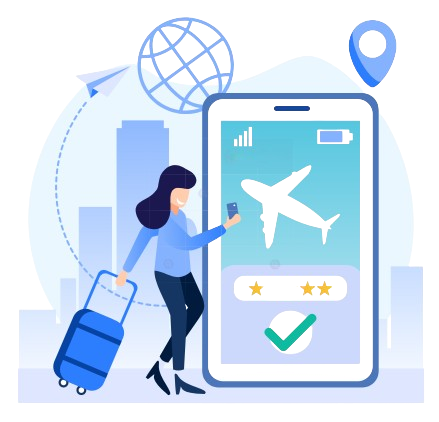 an illustration showing a woman booking tickets through smartphone